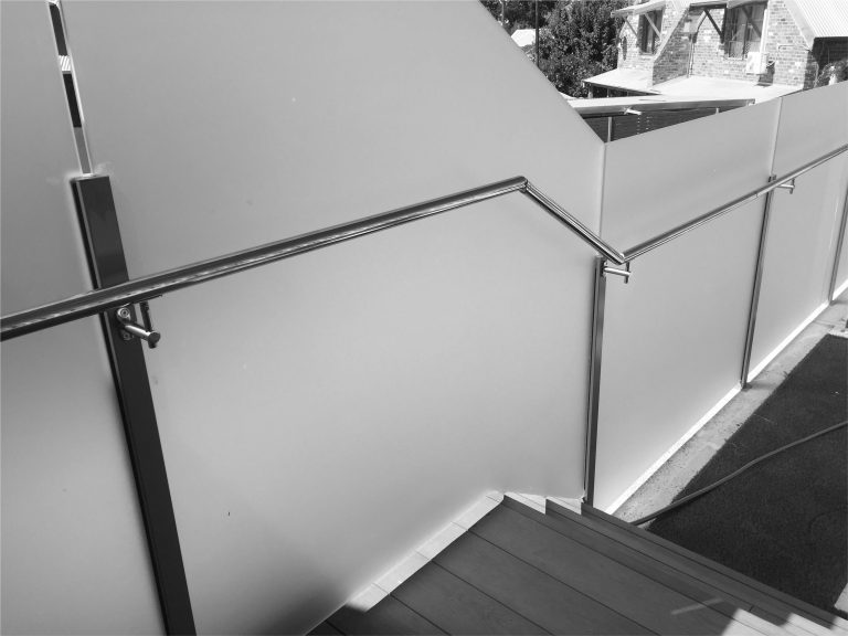 Metforce stainless steel privacy screen with perforated sheet infill, brushed finish, Perth